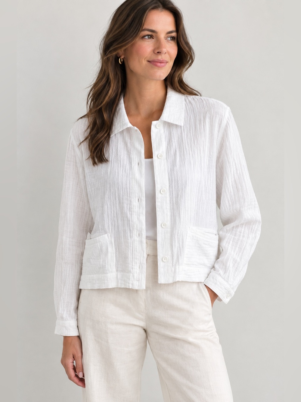 Eileen Fisher Organic Cotton Lofty Gauze Cropped Jacket in white medium